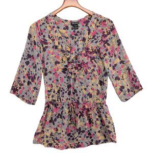 Ella Moss Ruffle Neck Peplum Blouse Womens Multi Silk 3/4 Sleeve Sheer Size XS